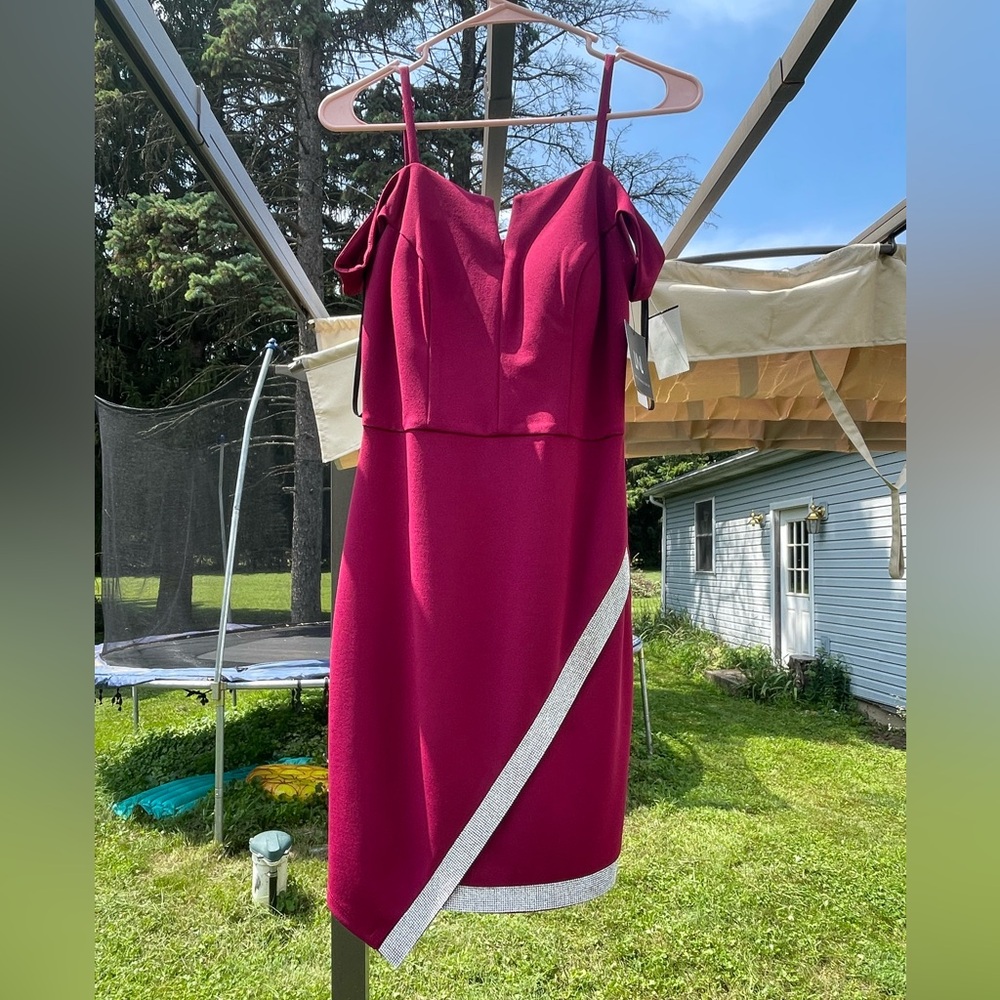 I.N. San Francisco Fuchsia Asymmetrical Dress with Silver Trim